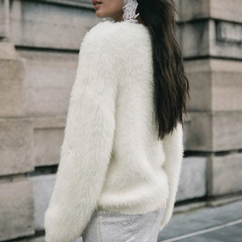 Women's Elegant Cream-White Faux Mink Fuzzy Sweater With Rhinestone Decor - Picture 3 of 6